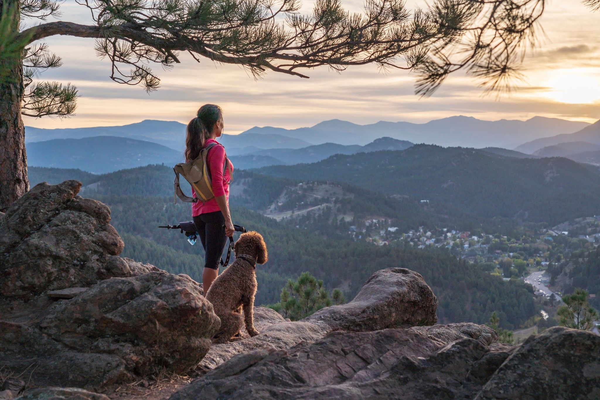 The Windsor resident with a backpack and dog stands on a rocky outcrop, looking at mountain scenery during sunset.
